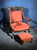 Lot 063 - Antique Victorian Carved Parlor Armchair with Upholstered Footstool, 29-1/4" L x 41-5/8" H