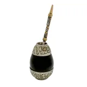 Argentinian Silver and 18K Gold Inlaid Mate Cup with Straw
