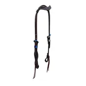 2074-FEATHER 5/8" Wave one ear headstall chocolate leather multicolored feather tooled with buckstitch, multicolored Spanish lace hardware, and loops