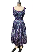 1950s Purple Blue White Floral Sash Collar Rhinestone Belt Party Dress