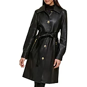Chic Black Button Down Women Leather Trench Coat