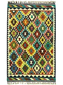 3'3" x 4'11" Handwoven Afghani Wool Kilim Rug – Colorful Tribal Geometric Flatweave with Decorative Bound Fringe – Reversible