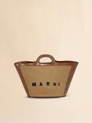 Petit sac Tropicalia en tissu effet raphia et cuir marron