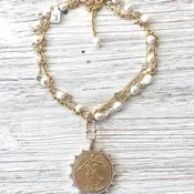 Angel coin medallion necklace pearl gold jewelry crystal