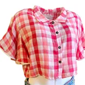 Point Collar Flounce Sleeve Cropped Button Up Top