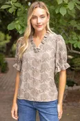 Ruffled V-Neck Jacquard Puff Sleeve Top