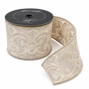 4" x 10 Yards Champagne Plush Fleur de Lis Wired Ribbon