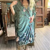 1930s Vintage Teal Peacock Fringe Kimono