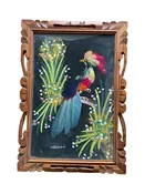 Mexico Bird Feather Art Hand Carved Wooden Frame 12 Inch Vintage Colorful
