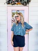 Honey Bee Striped Puff Sleeve Top - H. Green Blue