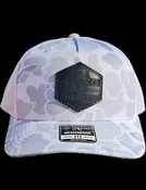 AG Outfitters Golden Retriever Black Leather Richardson 112PFP Trucker Hat Blizzard Duck Camo