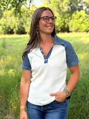 Arlo Denim Contrast Waffle Knit Short Sleeve Top