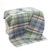100% Irish Wool Tartan Throw Blanket - Denim Blue, Green & Burgundy (54" x 72")