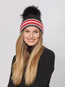 Angora Blend Hat w/ Stripe Detail in Black/Red/Grey/Cream