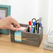 Gray Wood Sticky Note and Stationery Holder Stand, Office Desktop Storage Caddy for Note Pads, Pen Pencil Cup