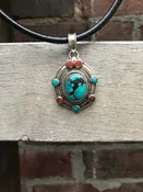 Silver pendent with natural Tibetan Turquoise and Coral, hand made Pendent, healing, love, luck and peace, protection, sterling silver.
