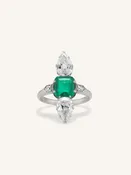 Art Deco Emerald Cut Emerald & Diamond Three Stone Ring