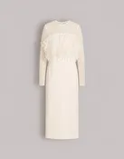 Abito in enver satin con piume e maniche in chiffon