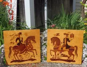Andrew Szoeke Burled Wood Inlaid Panels with Equestrian Horse and Rider Motifs — Sir Richards Antiques & Fine Art Center ~ Est. 1971