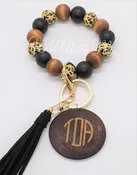 Wood Beaded Leopard Mix  Keychain Bracelet with Monogram Wood Disc