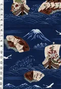 1023 - Juban - Sailing Ships & Mt. Fuji - 30" Wide - Wool - Very Light Weight - Navy - By the Yard