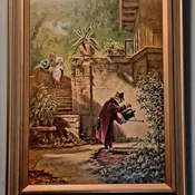 Mid-Century German Genre Oil Paintings in Original Syroco Gold Frames