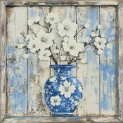 10" x 10" Chinoiserie Vase with White Flowers Sign TTE-179