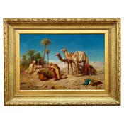 "Resting at the Oasis" Oil on Canvas Orientalist Painting by William James Webb — Bradbury Art & Antiques