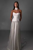 Beaded Pearl‑Draped A‑Line Gown In Silk Satin