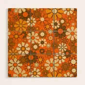 70s Retro Floral Pattern Groovy Garden Flowers in Orange and Brown Wood Wall Art