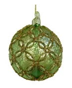3" Glass Ball Ornament - Light Antique Green Gold Glitter Flowers