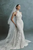 All-Over Lace Halter Fit-And-Flare Wedding Dress with Detachable Train