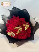 50 Premium Red Roses Wrapped with Gold Butterflies.