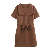 Belted Short Sleeve Suede Mini Dress