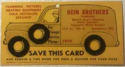 1941 Hein Brothers Plumbing Advertising Washer Card 🔧 Manitowoc Wisconsin
