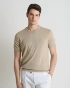 Beige crew neck short-sleeved t-shirt in pure cotton