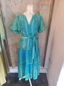 Aqua Print Midi Dress with Belt and Pockets