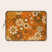 70s Retro Floral Pattern Groovy Garden Flowers in Orange and Brown Laptop Sleeve