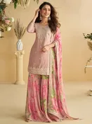 Blush Pink Chinon Silk Floral Embroidered Palazzo Premium Party Wear