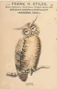 Victorian Trade Card - Owl - Love - Frank H. Stiles Books, Stationery etc. - Ravenna, Ohio