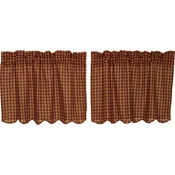 Burgundy Check Scalloped Tier Curtains (Choose Size)