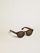 Eckige Sonnenbrille Modell Panthos mit schwarzem Gestell und schwarzen Gläsern