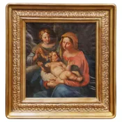 17th C. French School Oil on Canvas Painting of Madonna and Child with Angel