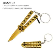 Mini Butterfly Knife Keychain Gold Stainless-Steel Blade & Handle w/Holes SKU 105XSGD