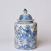 Blue and White Porcelain Golden Pheasant Ribbed Lidded Jar