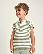 Boys Striped Linen-Blend Henley Top - Linen Edit - Green