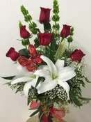 A Flutter of Love Bouquet Half Dozen Rose With Stargazer Lily and a Glittering Butterfly