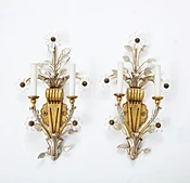 Pair of Gilt and Silvered Bronze Banci Sconces with Rock Crystal Floral Motif. —  elle w collection