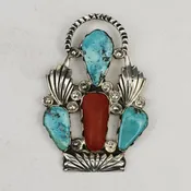Dan Simplicio (Zuni) Silver, Coral and Turquoise Pin, c. 1940s — Turkey Mountain Traders