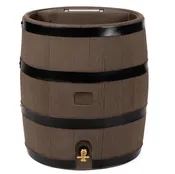 RTS Home Accents Round 35‑Gallon Rain Barrel with Integrated Planter – Woodgrain with Black Stripes Color, Brass Spigot, UV‑Resistant & Space‑Saving Outdoor Water Storage Solution